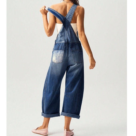 Boho Dark Wash Paisley print Button Wide Leg Denim Bib Overalls - Picture 10 of 12